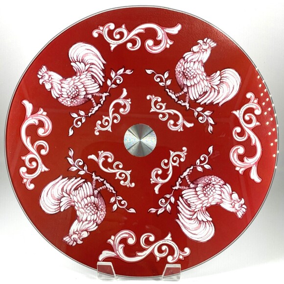 Temptations Lazy Susan Beautiful Rooster Chicken Glass Red & White holiday gift - Picture 1 of 3